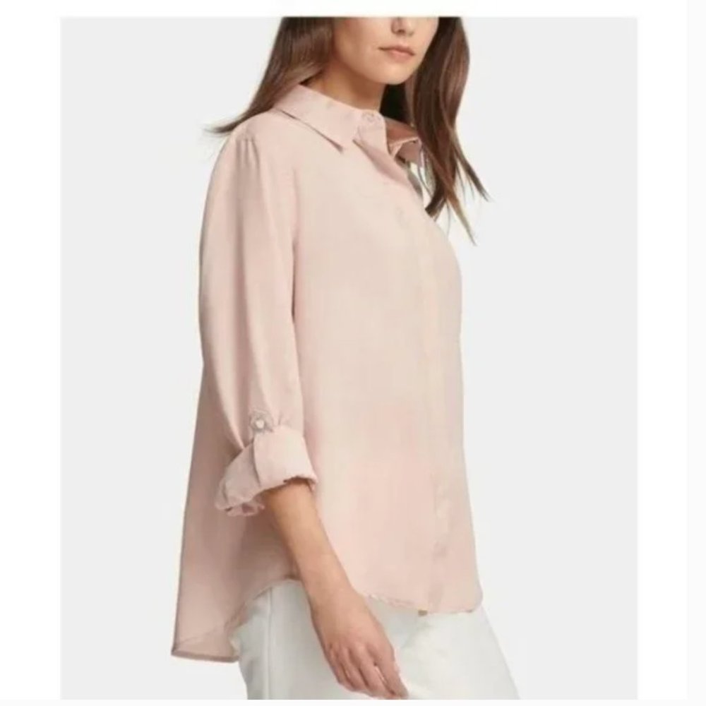 DKNY Womens Button Down Blouse Blush Pink Collared Long Roll Tab Sleeves Top